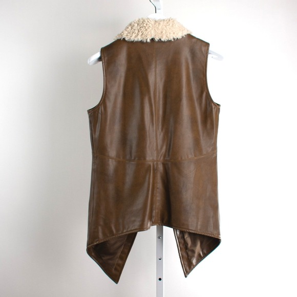 Jack Faux Leather Vest Longline Brown Faux Fur Collar Sleeveless Outerwear Large - Picture 2 of 13